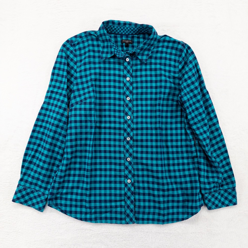 Talbots Womens Shirt MP Teal Navy Gingham Check Cotton Long Sleeve Button Up